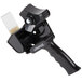A black Universal handheld box sealing tape gun dispenser with a clear plastic handle.