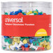 A plastic container of Universal rainbow push pins in assorted colors.