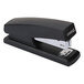 A close up of a Universal black half strip stapler with silver metal.