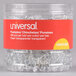 A plastic container of Universal clear plastic push pins with a red label.