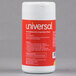 A white Universal container with a red label for Universal Pop-Up Dry Erase Cleaning Wipes.