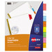 A package of Avery 8-tab white paper dividers with multi-color tabs.