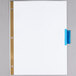 A white paper with a blue rectangular tab.