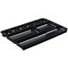 A black Universal plastic drawer organizer with nine compartments.