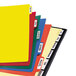 A stack of colorful folders with Avery 8-tab dividers and a yellow one.