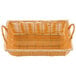 A rectangular woven basket with handles.