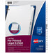 A blue and white file folder with Avery® Premium Collated Table of Contents Dividers with white tabs numbered 1-25.