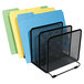 A black wire mesh Universal 5 Section Stacking Mesh Sorter holding colorful folders.