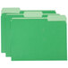 Three green Universal letter size file folders with 1/3 cut green tabs.
