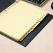 A file folder with Universal Buff Plastic-Coated Month Tab Dividers with yellow tabs.