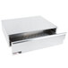 A silver drawer with a stainless steel tray on top holding hot dog buns.