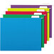 A group of colorful rectangular file folders in blue and green with white tabs.