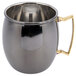 An American Metalcraft mirrored black Moscow mule mug with a gold handle.