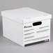A white Universal corrugated storage box with a white lift-off lid with black text.