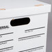 A white Universal storage box with a black rectangular label on top.