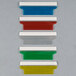 A row of colorful plastic dividers with white rectangular tabs.