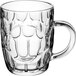A clear glass Acopa beer mug with a dimple design on the bottom and a handle.