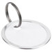 A white round metal rim key tag with a silver metal ring.