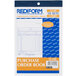 A blue and white package with a blue and white pattern and white text for Rediform Office 2-Part Carbonless Purchase Order Book.