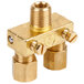 Two brass nuts on a gold metal connector with screws.