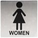 A Tablecraft stainless steel women's restroom sign with a black silhouette of a woman on a white background.