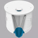 A white container with a blue lid containing a white and blue circular urinal cartridge.
