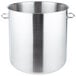 A large silver stainless steel Vollrath stock pot with handles.