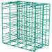 A green Microwire catering glassware basket with 16 compartments.