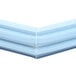 A close-up of a blue plastic corner piece on a white background.