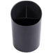 A black plastic cylindrical pencil cup with a hole in the middle.