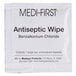 A white Medi-First package of antimicrobial wipes with black text.