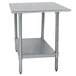 A white rectangular stainless steel work table with a galvanized undershelf.
