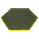 A hexagon shaped Scotch Brite sponge with yellow and green specks.