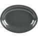 A close-up of a slate gray Fiesta china platter with a black rim.