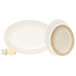A white oval melamine platter with gold trim.