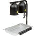 An Avantco black free standing heat lamp with a silver rectangular tray on top.