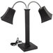 An Eastern Tabletop black steel freestanding heat lamp with double arms and square shades.