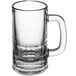 An Anchor Hocking clear glass beer mug with a handle.