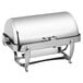 An Eastern Tabletop stainless steel rectangular chafer with a lid on a stand.