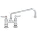 A T&S chrome deck-mounted pantry faucet with two handles and a 12" swing nozzle.