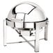A stainless steel round chafer with a roll top lid.