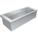 A rectangular metal container with a slanted clear bottom inside a countertop.