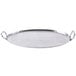 An American Metalcraft oval stainless steel griddle with hammered texture and handles.