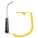 A yellow cord with a curved metal rod and a black and silver handle.
