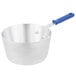 A silver sauce pan with a blue silicone handle.