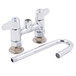 Two Equip by T&S deck-mounted faucets with gooseneck spouts and lever handles.