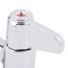 A chrome Equip by T&S deck-mounted faucet with gooseneck spout and red lever handles.