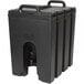 A black plastic Cambro Camtainer with handles.