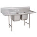 An Advance Tabco stainless steel pot sink with two compartments and two drainboards.