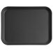 A black rectangular Cambro non-skid serving tray with a white logo on it.